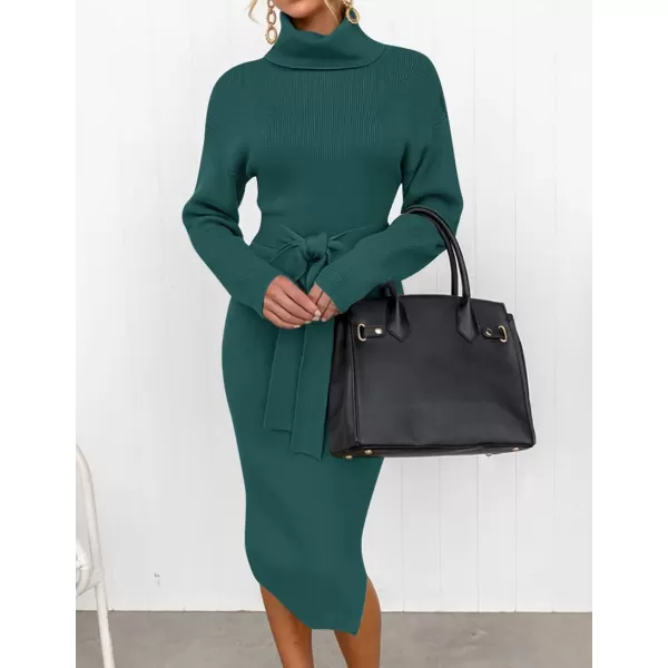 imageZESICA Womens Turtleneck Sweater Midi Dress Long Sleeve Ribbed Knit Bodycon Slit Dress with BeltForestgreen