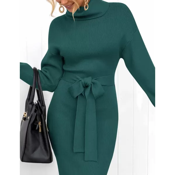 imageZESICA Womens Turtleneck Sweater Midi Dress Long Sleeve Ribbed Knit Bodycon Slit Dress with BeltForestgreen