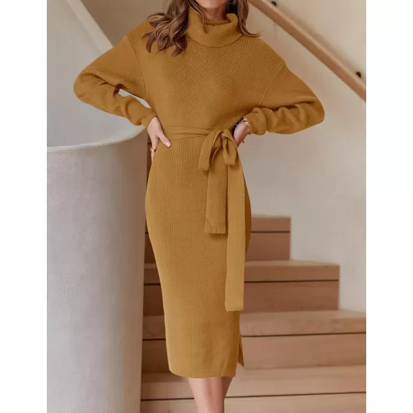 imageZESICA Womens Turtleneck Sweater Midi Dress Long Sleeve Ribbed Knit Bodycon Slit Dress with BeltGinger