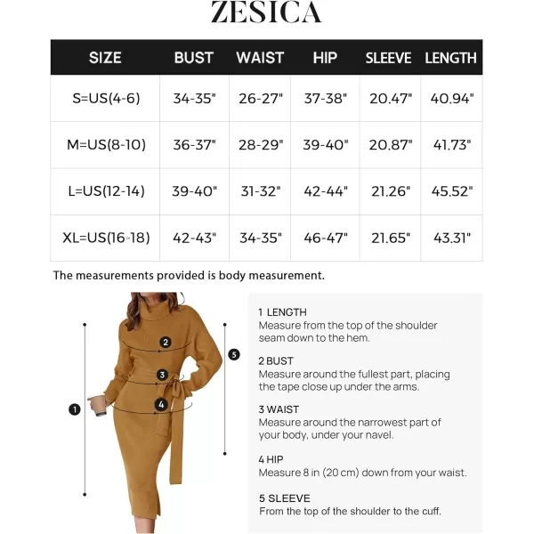 imageZESICA Womens Turtleneck Sweater Midi Dress Long Sleeve Ribbed Knit Bodycon Slit Dress with BeltGinger