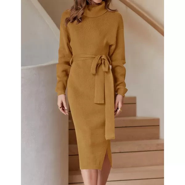 imageZESICA Womens Turtleneck Sweater Midi Dress Long Sleeve Ribbed Knit Bodycon Slit Dress with BeltGinger