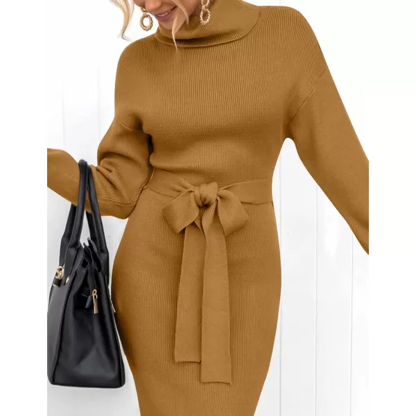 imageZESICA Womens Turtleneck Sweater Midi Dress Long Sleeve Ribbed Knit Bodycon Slit Dress with BeltGinger