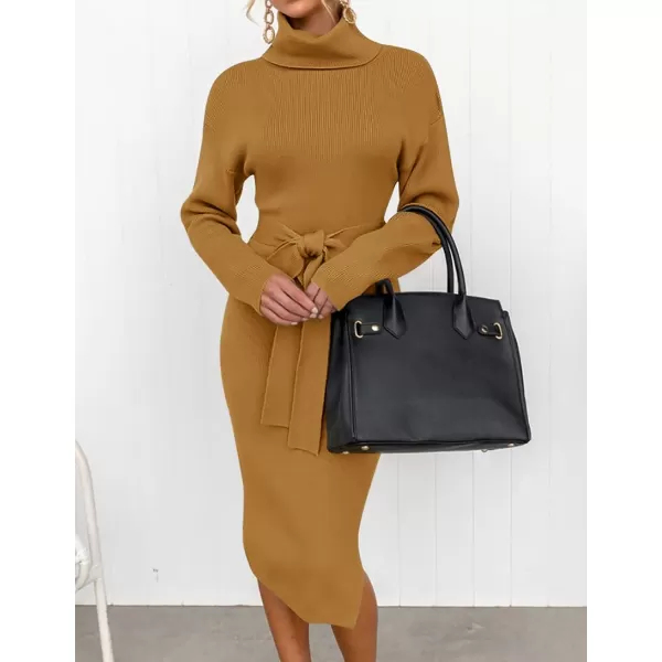 imageZESICA Womens Turtleneck Sweater Midi Dress Long Sleeve Ribbed Knit Bodycon Slit Dress with BeltGinger