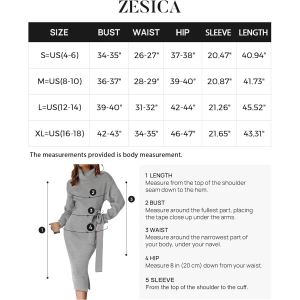 imageZESICA Womens Turtleneck Sweater Midi Dress Long Sleeve Ribbed Knit Bodycon Slit Dress with BeltGrey