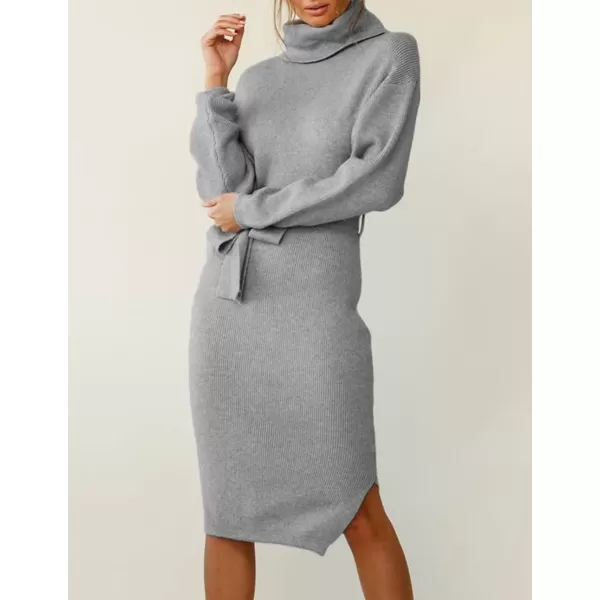 imageZESICA Womens Turtleneck Sweater Midi Dress Long Sleeve Ribbed Knit Bodycon Slit Dress with BeltGrey