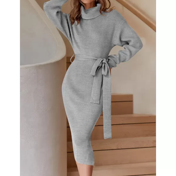imageZESICA Womens Turtleneck Sweater Midi Dress Long Sleeve Ribbed Knit Bodycon Slit Dress with BeltGrey