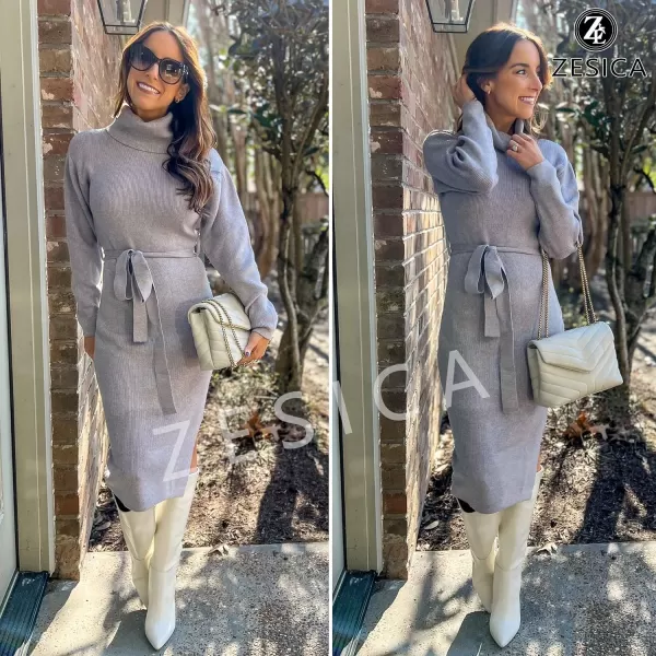 imageZESICA Womens Turtleneck Sweater Midi Dress Long Sleeve Ribbed Knit Bodycon Slit Dress with BeltGrey