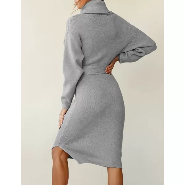 imageZESICA Womens Turtleneck Sweater Midi Dress Long Sleeve Ribbed Knit Bodycon Slit Dress with BeltGrey