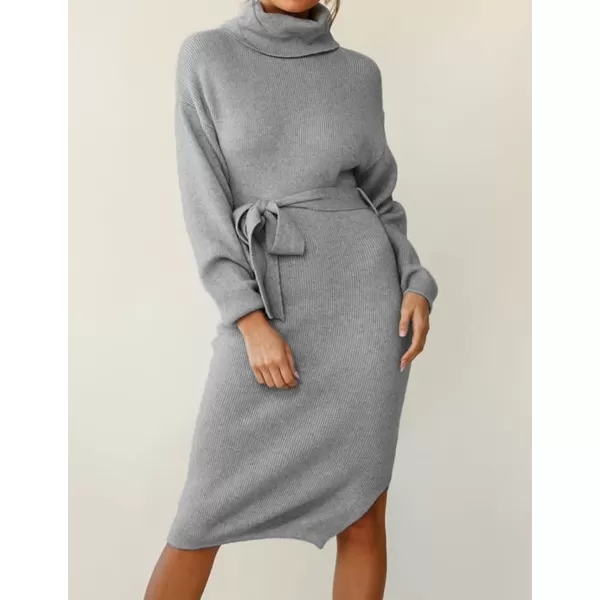 imageZESICA Womens Turtleneck Sweater Midi Dress Long Sleeve Ribbed Knit Bodycon Slit Dress with BeltGrey