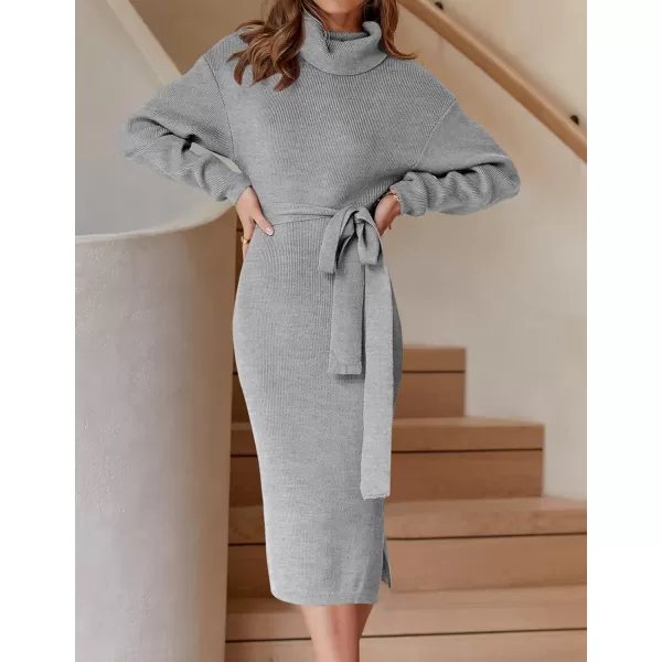 imageZESICA Womens Turtleneck Sweater Midi Dress Long Sleeve Ribbed Knit Bodycon Slit Dress with BeltGrey