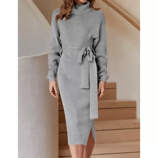 imageZESICA Womens Turtleneck Sweater Midi Dress Long Sleeve Ribbed Knit Bodycon Slit Dress with BeltGrey