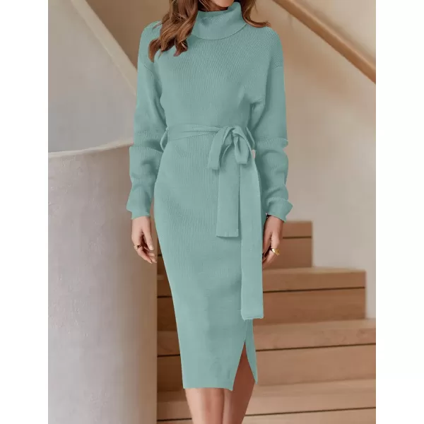 imageZESICA Womens Turtleneck Sweater Midi Dress Long Sleeve Ribbed Knit Bodycon Slit Dress with BeltLake