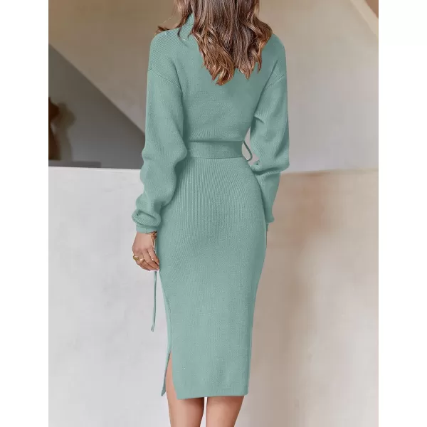 imageZESICA Womens Turtleneck Sweater Midi Dress Long Sleeve Ribbed Knit Bodycon Slit Dress with BeltLake