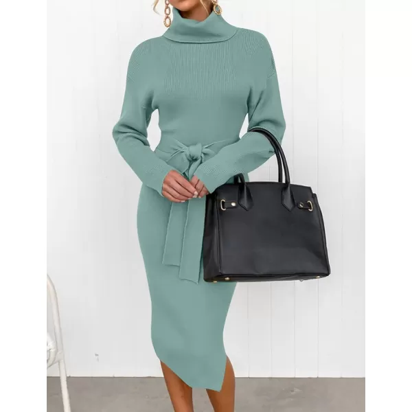 imageZESICA Womens Turtleneck Sweater Midi Dress Long Sleeve Ribbed Knit Bodycon Slit Dress with BeltLake