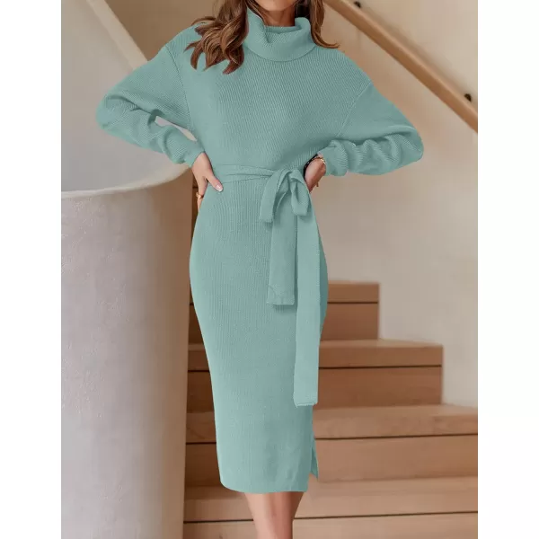 imageZESICA Womens Turtleneck Sweater Midi Dress Long Sleeve Ribbed Knit Bodycon Slit Dress with BeltLake
