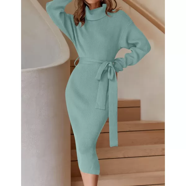 imageZESICA Womens Turtleneck Sweater Midi Dress Long Sleeve Ribbed Knit Bodycon Slit Dress with BeltLake