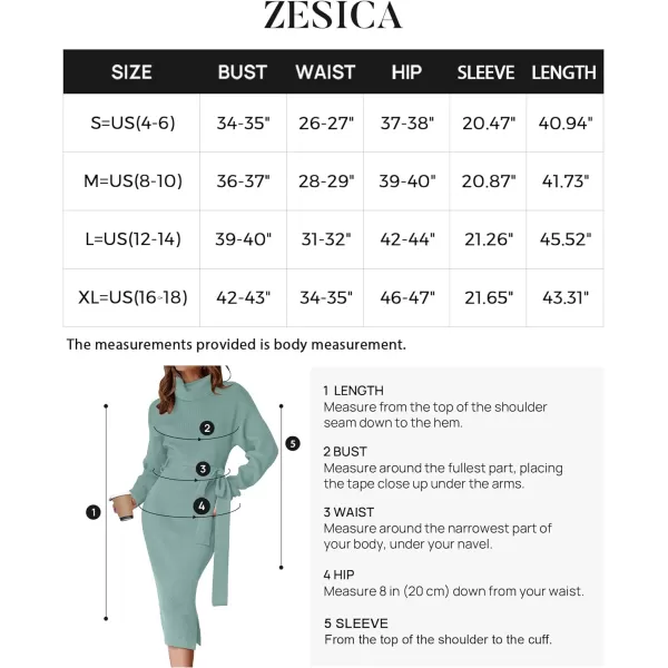 imageZESICA Womens Turtleneck Sweater Midi Dress Long Sleeve Ribbed Knit Bodycon Slit Dress with BeltLake