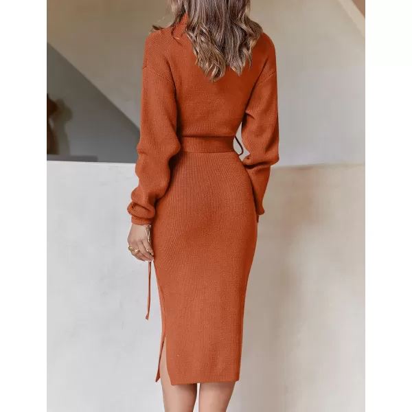 imageZESICA Womens Turtleneck Sweater Midi Dress Long Sleeve Ribbed Knit Bodycon Slit Dress with BeltMaple