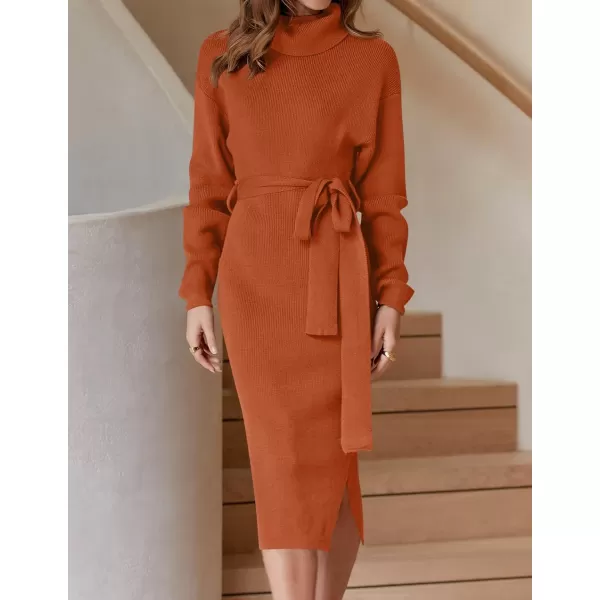 imageZESICA Womens Turtleneck Sweater Midi Dress Long Sleeve Ribbed Knit Bodycon Slit Dress with BeltMaple