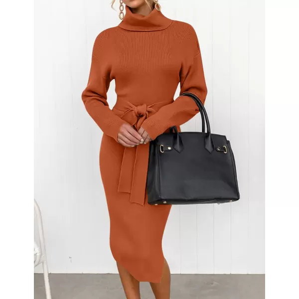 imageZESICA Womens Turtleneck Sweater Midi Dress Long Sleeve Ribbed Knit Bodycon Slit Dress with BeltMaple
