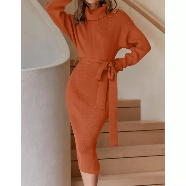 imageZESICA Womens Turtleneck Sweater Midi Dress Long Sleeve Ribbed Knit Bodycon Slit Dress with BeltMaple