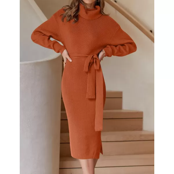 imageZESICA Womens Turtleneck Sweater Midi Dress Long Sleeve Ribbed Knit Bodycon Slit Dress with BeltMaple