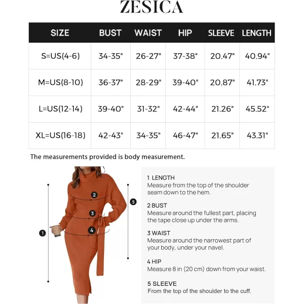 imageZESICA Womens Turtleneck Sweater Midi Dress Long Sleeve Ribbed Knit Bodycon Slit Dress with BeltMaple
