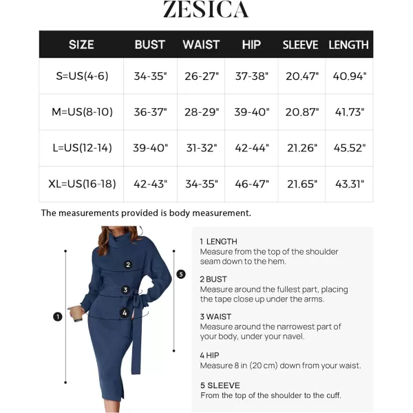 imageZESICA Womens Turtleneck Sweater Midi Dress Long Sleeve Ribbed Knit Bodycon Slit Dress with BeltNavy