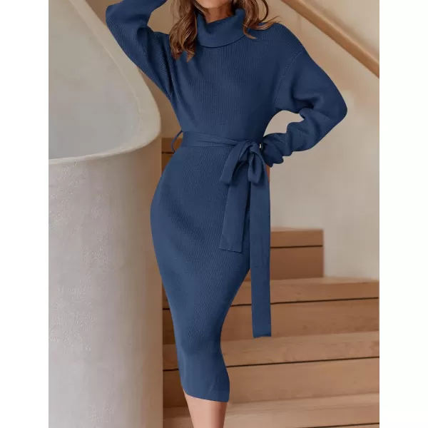 imageZESICA Womens Turtleneck Sweater Midi Dress Long Sleeve Ribbed Knit Bodycon Slit Dress with BeltNavy
