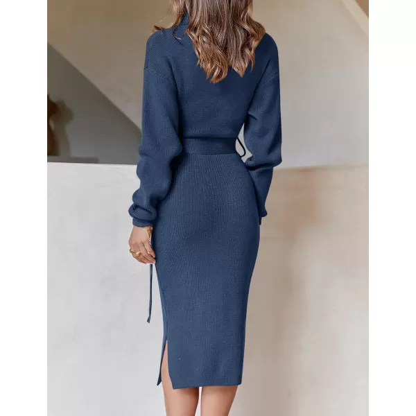 imageZESICA Womens Turtleneck Sweater Midi Dress Long Sleeve Ribbed Knit Bodycon Slit Dress with BeltNavy