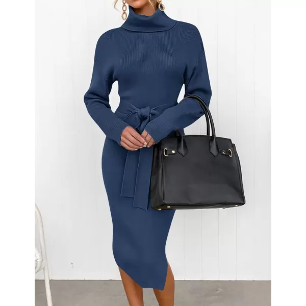 imageZESICA Womens Turtleneck Sweater Midi Dress Long Sleeve Ribbed Knit Bodycon Slit Dress with BeltNavy
