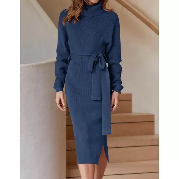 imageZESICA Womens Turtleneck Sweater Midi Dress Long Sleeve Ribbed Knit Bodycon Slit Dress with BeltNavy