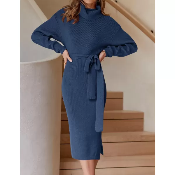 imageZESICA Womens Turtleneck Sweater Midi Dress Long Sleeve Ribbed Knit Bodycon Slit Dress with BeltNavy