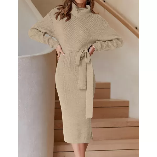 imageZESICA Womens Turtleneck Sweater Midi Dress Long Sleeve Ribbed Knit Bodycon Slit Dress with BeltOatmeal
