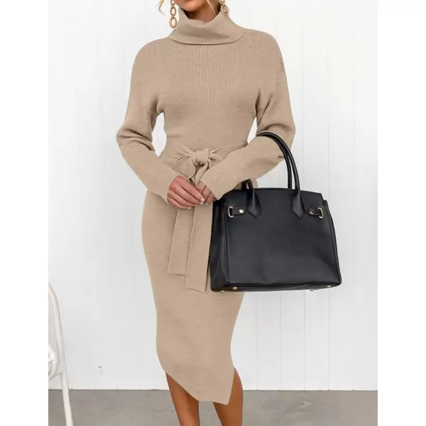 imageZESICA Womens Turtleneck Sweater Midi Dress Long Sleeve Ribbed Knit Bodycon Slit Dress with BeltOatmeal