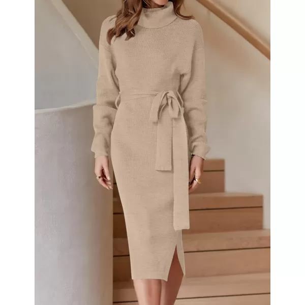 imageZESICA Womens Turtleneck Sweater Midi Dress Long Sleeve Ribbed Knit Bodycon Slit Dress with BeltOatmeal
