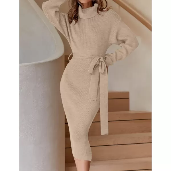 imageZESICA Womens Turtleneck Sweater Midi Dress Long Sleeve Ribbed Knit Bodycon Slit Dress with BeltOatmeal