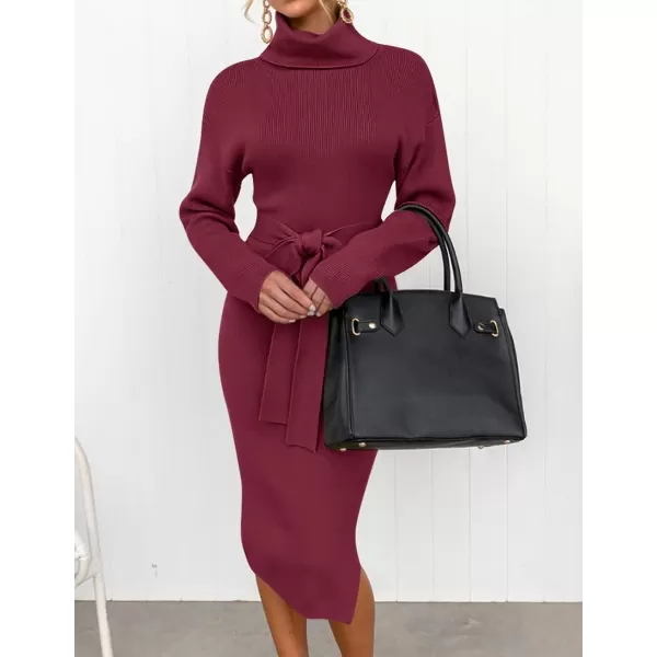imageZESICA Womens Turtleneck Sweater Midi Dress Long Sleeve Ribbed Knit Bodycon Slit Dress with BeltPlum