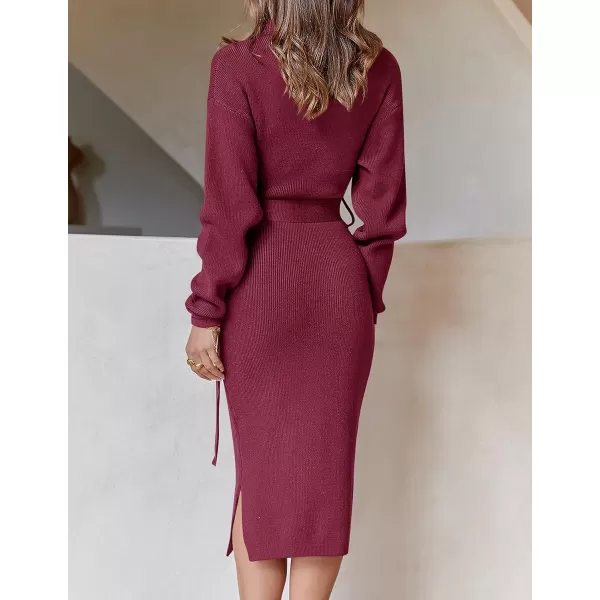 imageZESICA Womens Turtleneck Sweater Midi Dress Long Sleeve Ribbed Knit Bodycon Slit Dress with BeltPlum