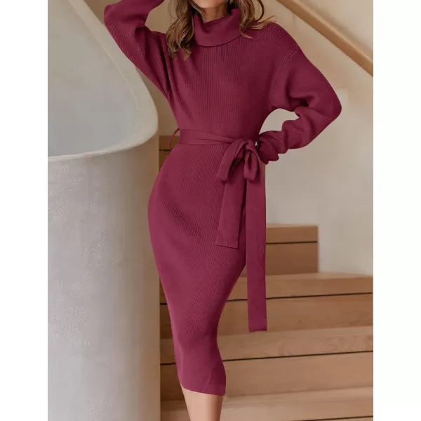 imageZESICA Womens Turtleneck Sweater Midi Dress Long Sleeve Ribbed Knit Bodycon Slit Dress with BeltPlum