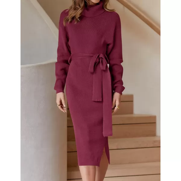 imageZESICA Womens Turtleneck Sweater Midi Dress Long Sleeve Ribbed Knit Bodycon Slit Dress with BeltPlum