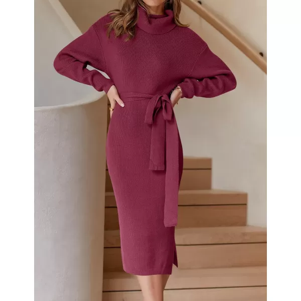 imageZESICA Womens Turtleneck Sweater Midi Dress Long Sleeve Ribbed Knit Bodycon Slit Dress with BeltPlum