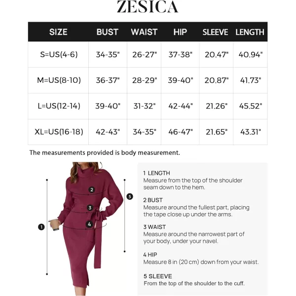 imageZESICA Womens Turtleneck Sweater Midi Dress Long Sleeve Ribbed Knit Bodycon Slit Dress with BeltPlum