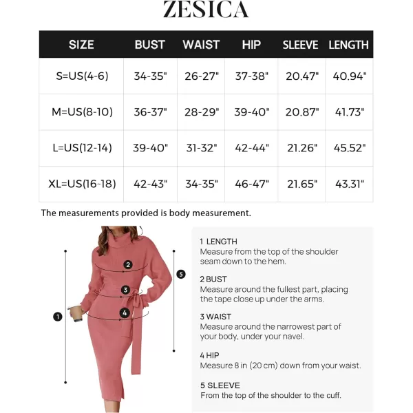 imageZESICA Womens Turtleneck Sweater Midi Dress Long Sleeve Ribbed Knit Bodycon Slit Dress with BeltRose