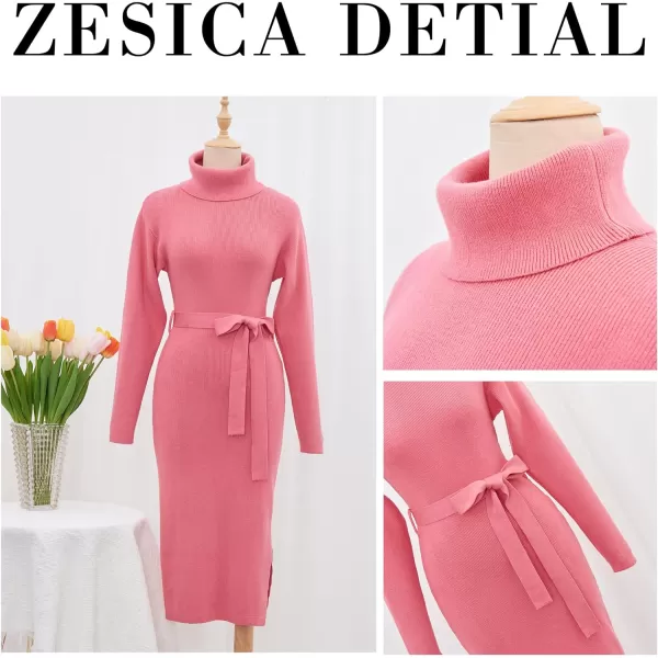 imageZESICA Womens Turtleneck Sweater Midi Dress Long Sleeve Ribbed Knit Bodycon Slit Dress with BeltRose