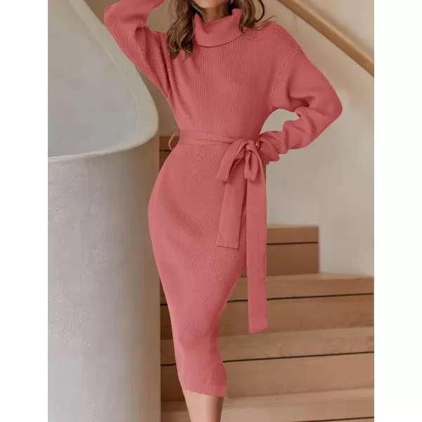 imageZESICA Womens Turtleneck Sweater Midi Dress Long Sleeve Ribbed Knit Bodycon Slit Dress with BeltRose