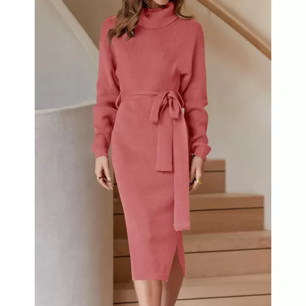 imageZESICA Womens Turtleneck Sweater Midi Dress Long Sleeve Ribbed Knit Bodycon Slit Dress with BeltRose