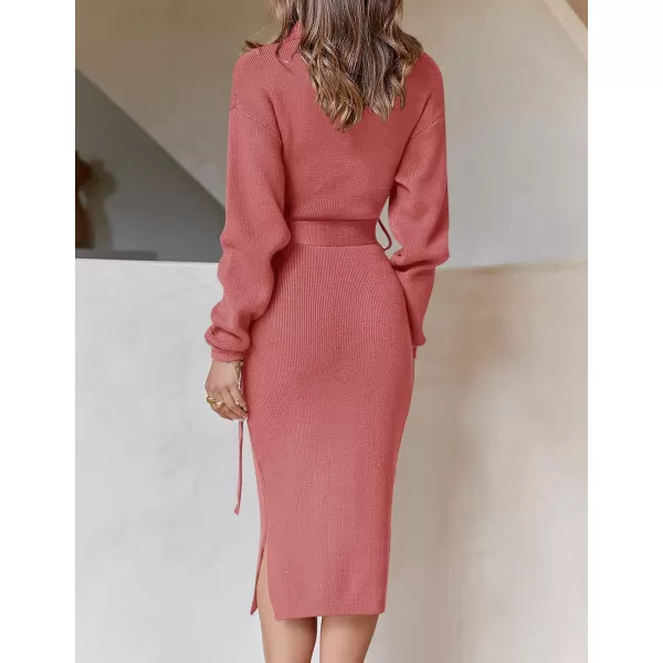imageZESICA Womens Turtleneck Sweater Midi Dress Long Sleeve Ribbed Knit Bodycon Slit Dress with BeltRose