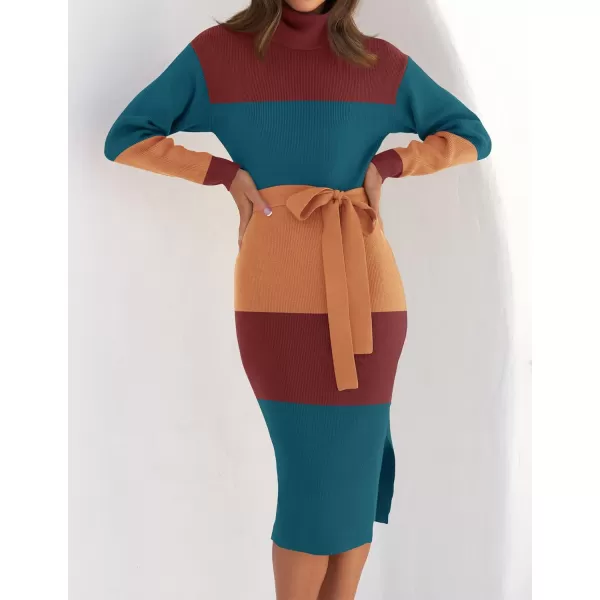 imageZESICA Womens Turtleneck Sweater Midi Dress Long Sleeve Ribbed Knit Bodycon Slit Dress with BeltTeal