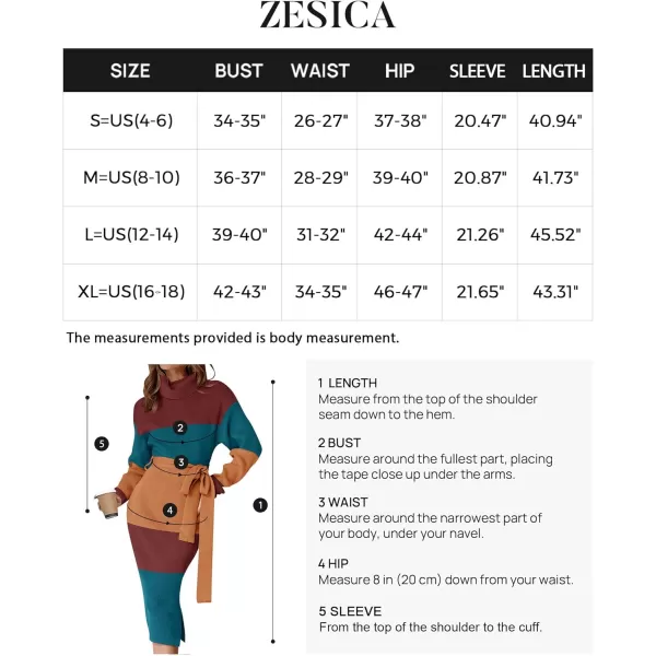 imageZESICA Womens Turtleneck Sweater Midi Dress Long Sleeve Ribbed Knit Bodycon Slit Dress with BeltTeal